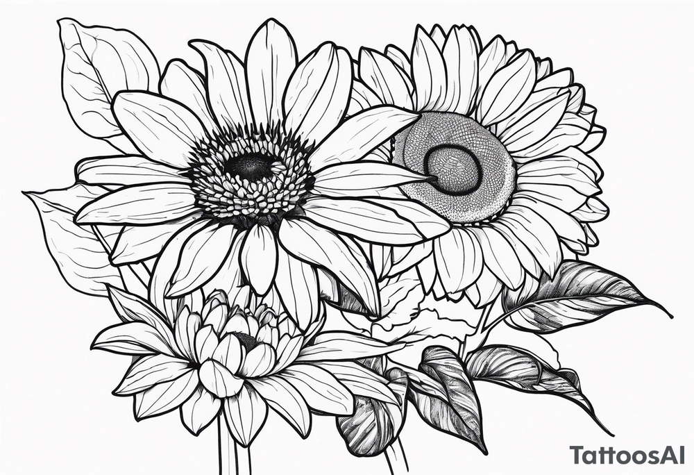 fine line drawing of gerber daisy lilies and sunflowers with a bee and a lady bug tattoo idea