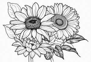 fine line drawing of gerber daisy lilies and sunflowers with a bee and a lady bug tattoo idea