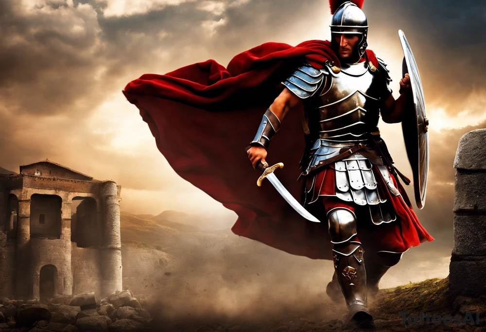 a roman soldier from AD 60, wearing armor which must include an armoured belt, breastplate, armoured shoes, shield, helmet and sword.
the soldier must look strong. the soldier is faceless. The image must include the full person, not just the top half. The soldier is mid-battle, fending off flaming arrows with his shield tattoo idea