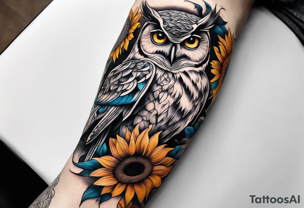 Arm sleeve with colorful sunflowers and an owl tattoo idea