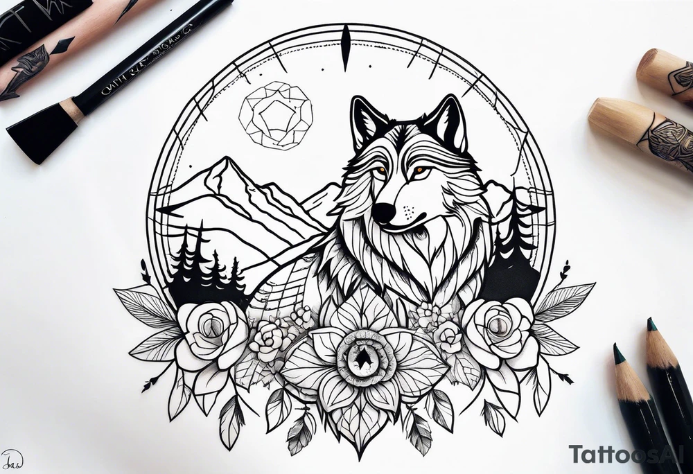A whimsical wolf tattoo featuring mandala or dream catcher elements, with the wolf as the central focus, surrounded by mountains in the background. Include flowers and nature elements to fill the space around the wolf. tattoo idea