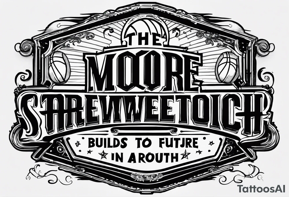 this saying in cursive 
"The past only builds strength to our future" through or around a basketball with the name Moore Somewhere tattoo idea