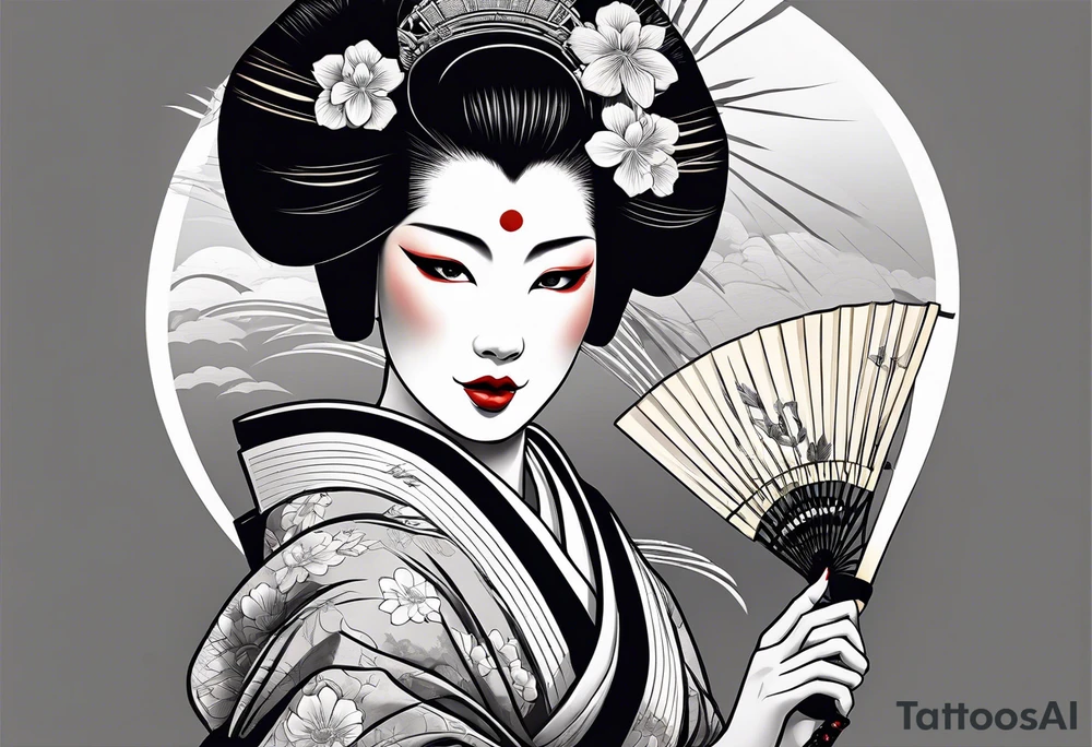 Geisha with a japanese mask and a fan with shadows and white tattoo idea