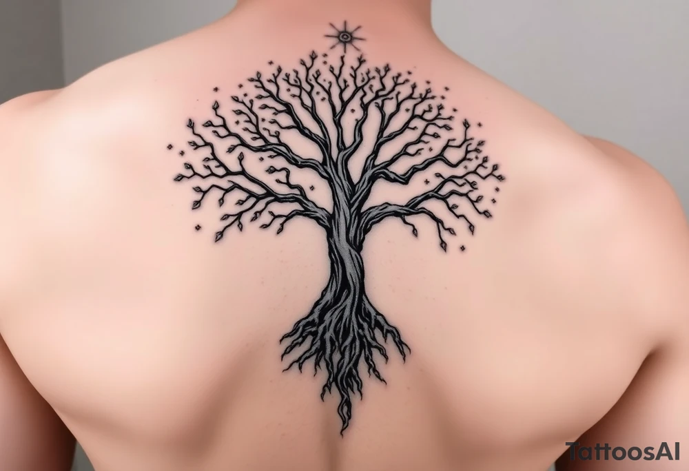 mystical tree of life with cosmic roots and celestial branches tattoo idea