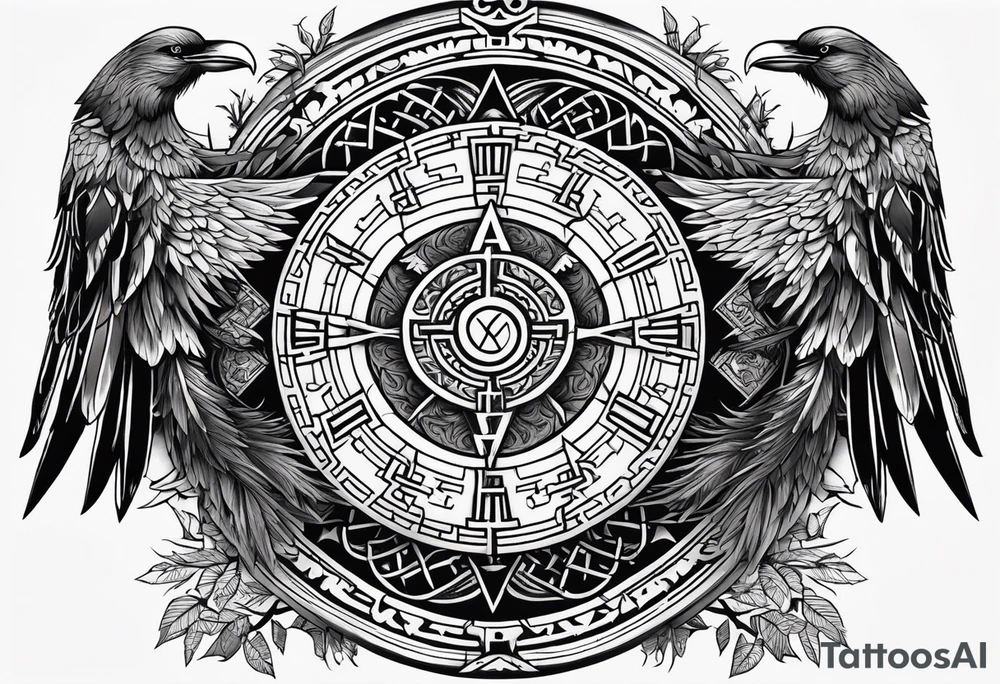 Viking Vegvisir with raven wings around it, Viking Valknut, tree of life tattoo idea