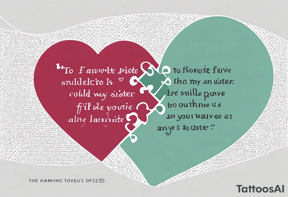 Interlocking Puzzle Pieces
   Concept: Two outlined puzzle pieces that are interlocking or fit together perfectly, symbolizing how you and your sister were connected. One of the puzzle pieces could have the small, filled-in heart inside it.
   Text: “To my favorite sister” could be placed underneath or along the curve of your ankle, maintaining your sister’s handwriting. You could position the text so it wraps slightly around the interlocking pieces. tattoo idea
