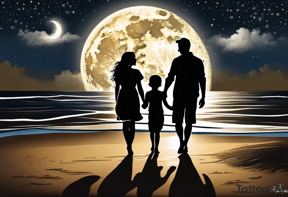 Create a stunning image of a realistic tattoo design that features a husband and wife holding hands, accompanied by their two children, walking along a beautiful beach. The moon shines radiantly in the night sky, illuminating the serene scene. Let your creativity flourish as you envision the intricate details that bring this tattoo to life, encapsulating the essence of love, family, and the awe-inspiring beauty of nature. tattoo idea