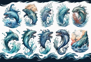 a beautiful sea creature standing in the sea surrounded by crashing waves tattoo idea