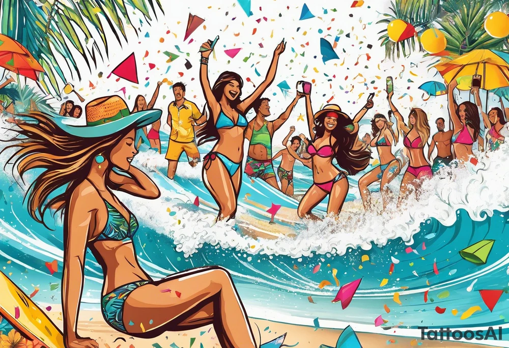 SURFING SAFARI BEACH DANCE 
PARTY WITH CONFETTI AND MUSIC NOTES, TROPICAL DRINKS, SEXY BIKINIS tattoo idea