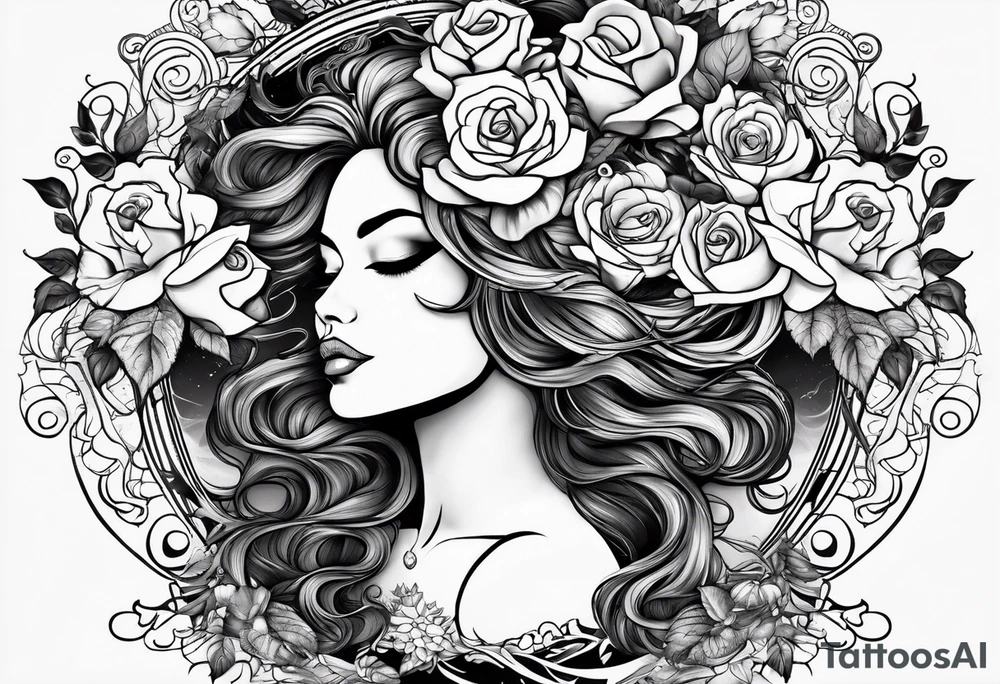 Mother Nature face with roses in her hair and around her black and white tattoo idea