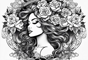 Mother Nature face with roses in her hair and around her black and white tattoo idea