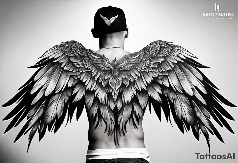 wings tattoo extending from a mens shoulders, covering the upper arms and upper back. The feathers are intricately detailed, with soft shading in black and gray to create depth and texture. tattoo idea