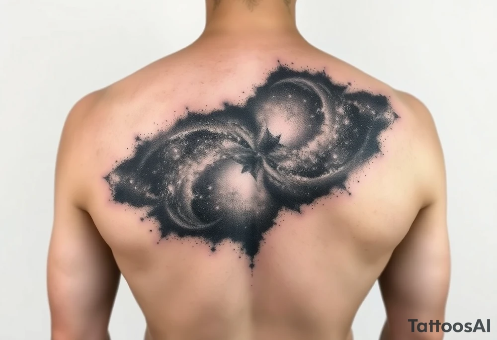 Beautiful and epic 3d milky way that appears to be what is beneath the skin. Make it drape over the shoulder and move to the middle back. use negative spaces to create stars and dust. Incorporate God breathing life into the universe. Keep it symmetrical tattoo idea