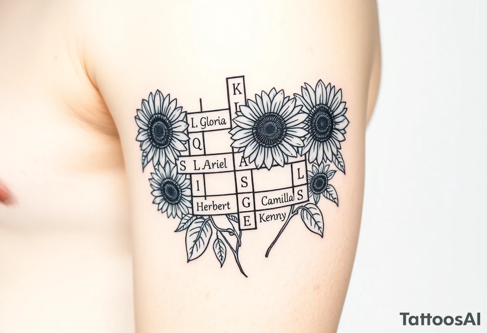 Crossword puzzle with sunflowers with names Gloria, Ariel, Herbert, Camila, and Kenny tattoo idea