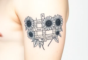 Crossword puzzle with sunflowers with names Gloria, Ariel, Herbert, Camila, and Kenny tattoo idea