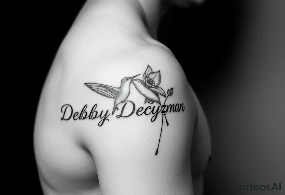 A tattoo on the forearm with the name Debby Deguzman with a humming bird and a rose tattoo idea