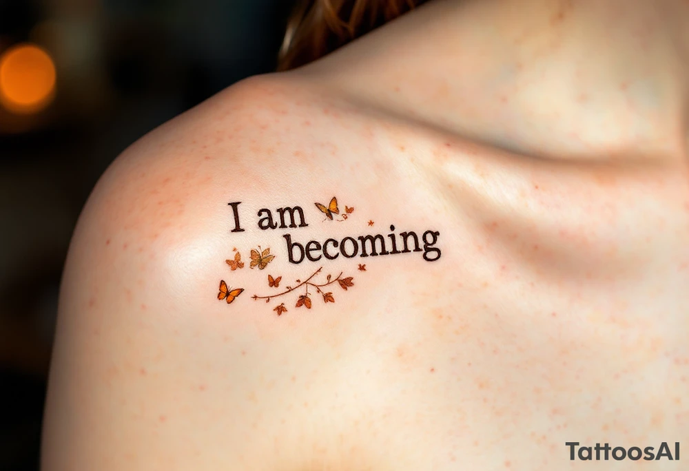 “I am becoming” in sepia brown typewriter font, paired with a butterfly in warm amber tones. tattoo idea