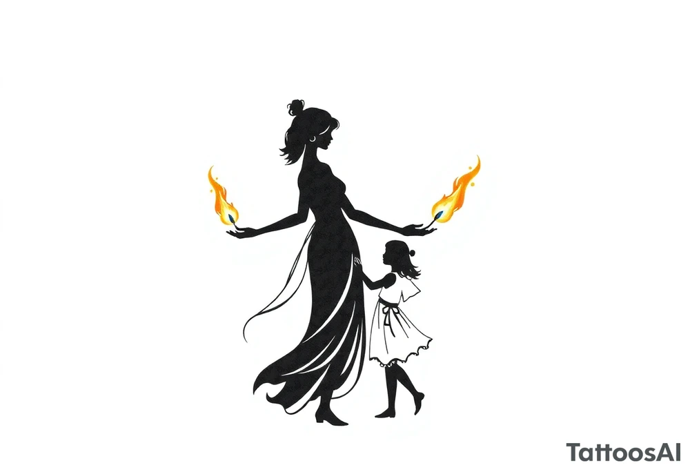 Silhouette of a mother passing 2 flames to two daughters tattoo idea