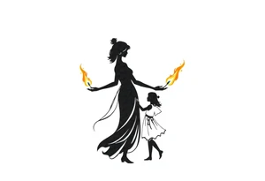 Silhouette of a mother passing 2 flames to two daughters tattoo idea