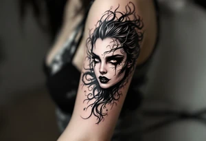 A sinister mermaid or vampire woman with piercing eyes and intricate shadow work. tattoo idea