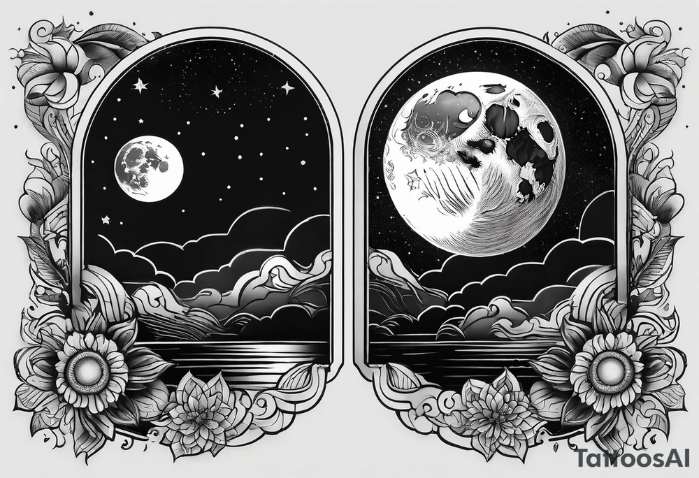 Moon and a sun, that covers half the moon but you can still see the moon and the sun tricep tattoo idea