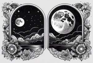 Moon and a sun, that covers half the moon but you can still see the moon and the sun tricep tattoo idea