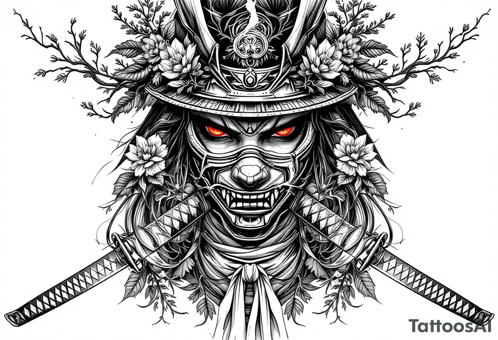 Woman samurai with red eyes wearing an half and broken kitsune mask like an hat, holding 
two katana and Sakura flowers ornement
Tatoo is for upper arm tattoo idea