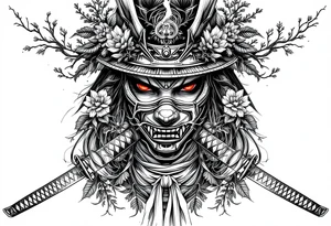 Woman samurai with red eyes wearing an half and broken kitsune mask like an hat, holding 
two katana and Sakura flowers ornement
Tatoo is for upper arm tattoo idea