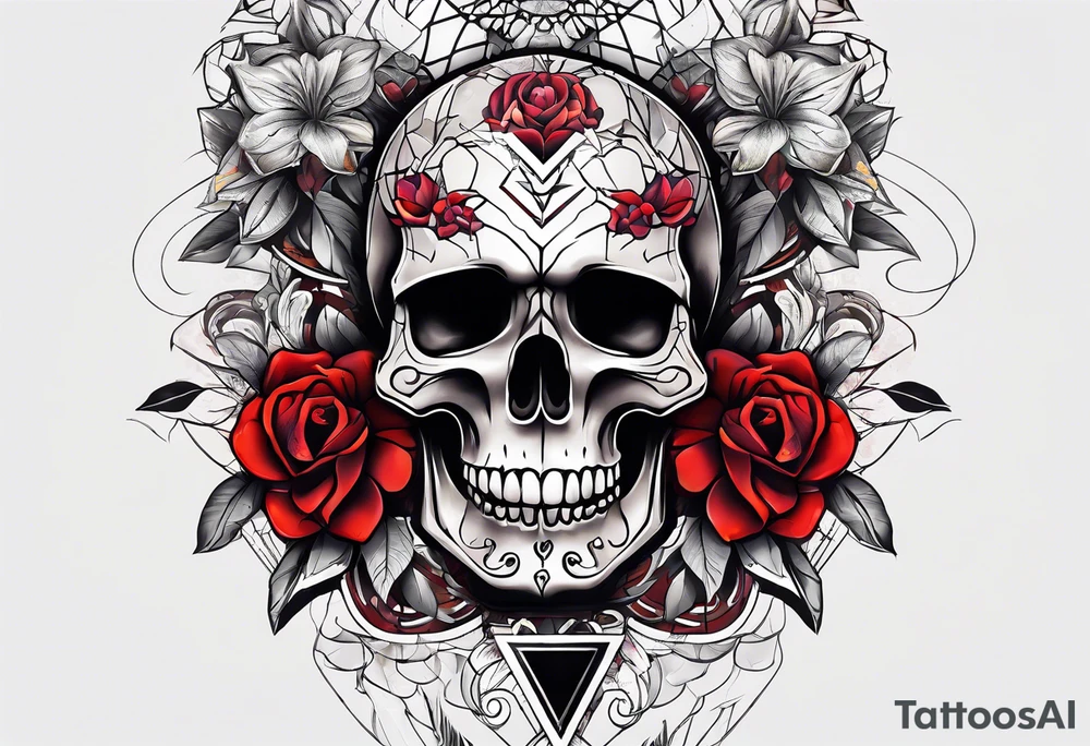 Skull Knee tattoo with flowers and geometric shapes tints of red tattoo idea
