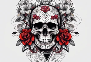 Skull Knee tattoo with flowers and geometric shapes tints of red tattoo idea
