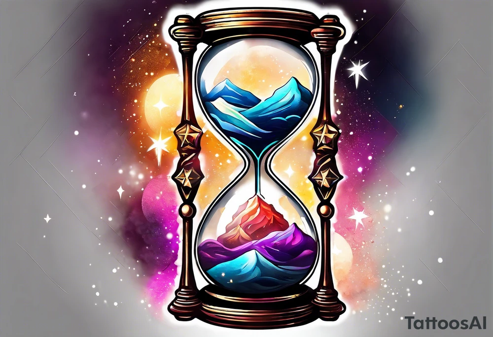 Hourglass with star stuff and cosmic dust exploding from the top and bottom of the hourglass. Long tattoo to fit on the forearm tattoo idea