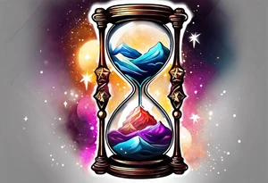 Hourglass with star stuff and cosmic dust exploding from the top and bottom of the hourglass. Long tattoo to fit on the forearm tattoo idea