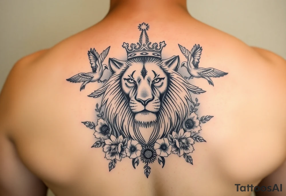 powerful majestic lion with a crown, surrounded by floral ornaments and birds tattoo idea