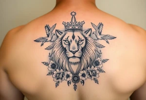 powerful majestic lion with a crown, surrounded by floral ornaments and birds tattoo idea