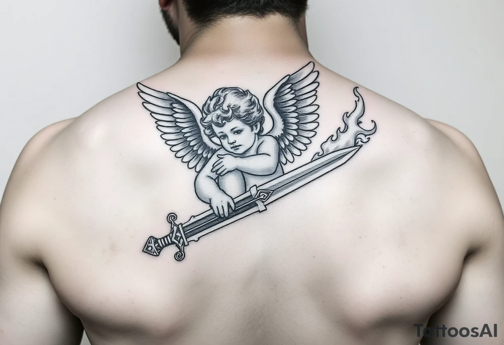 Cherub with flaming sword hand tattoo tattoo idea