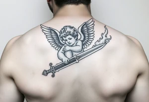 Cherub with flaming sword hand tattoo tattoo idea