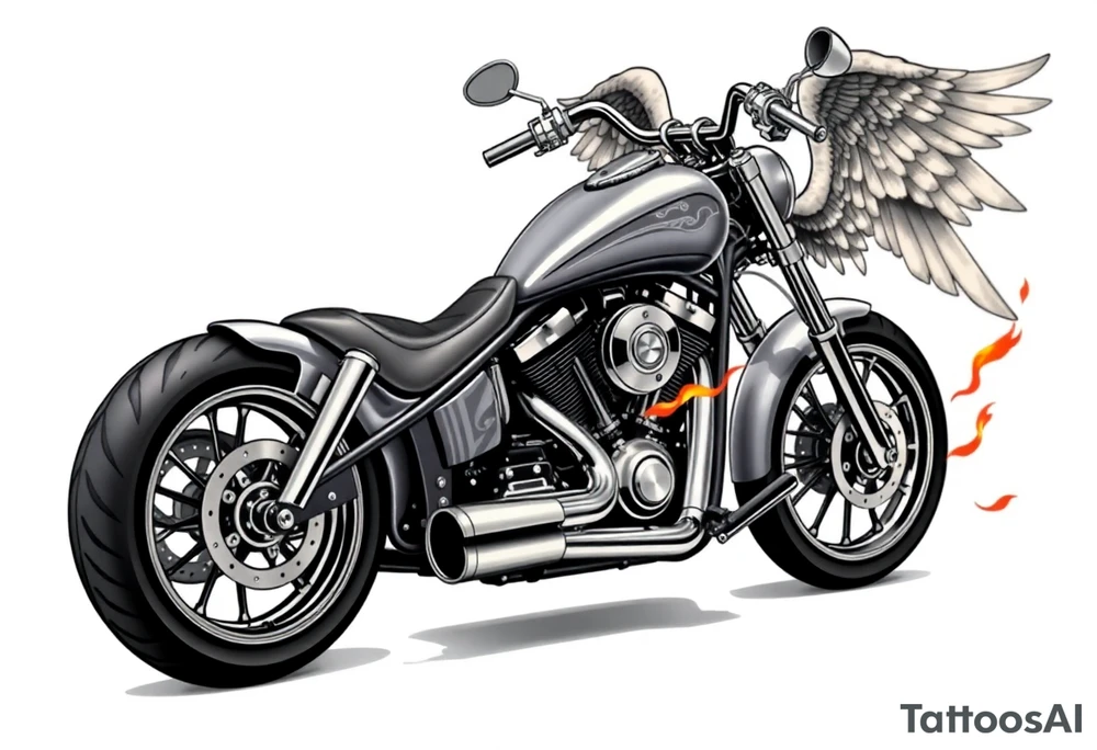 Low rider grey motorcycle, big muffler pipes with flames, angel wings, driving away, no person tattoo idea