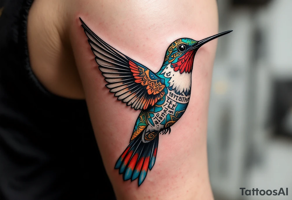 A hummingbird with ancient Egyptian script woven into its feathers(only red , blue and black are possible colors) tattoo idea