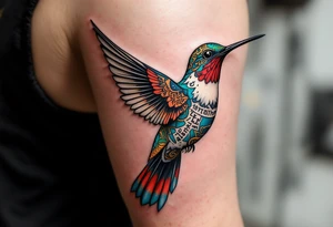 A hummingbird with ancient Egyptian script woven into its feathers(only red , blue and black are possible colors) tattoo idea