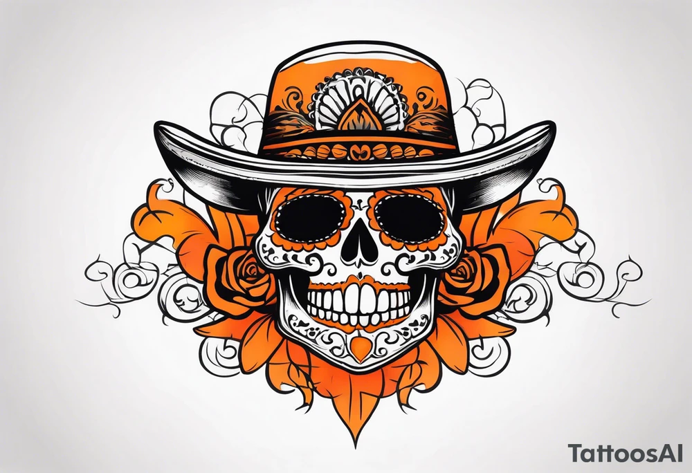 Mexican skull with smoke coming out of the bottom orange and black tattoo idea