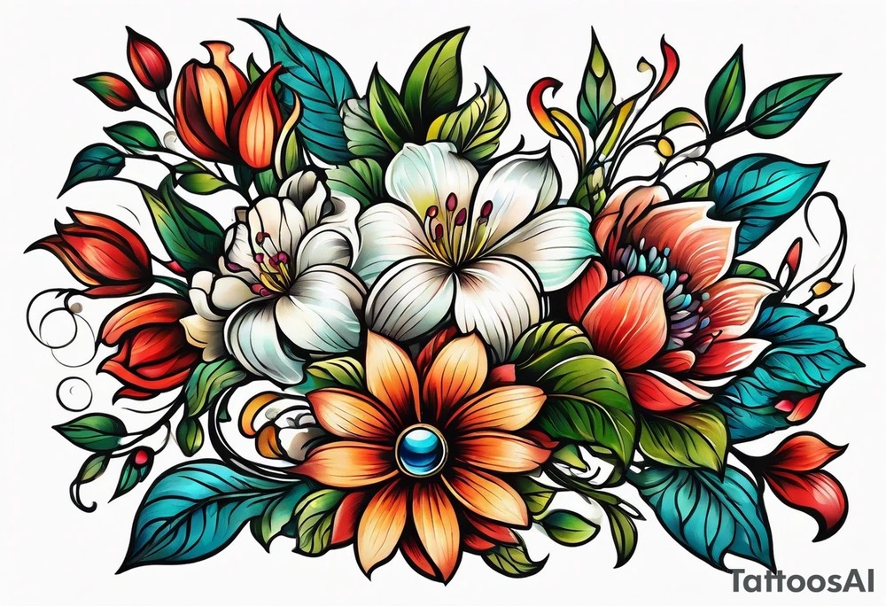 vintage colorful floral print tattoo idea