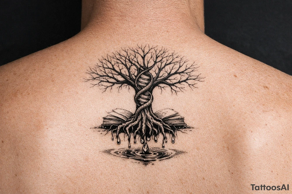 tree of life with a dna spiral for the trunk, bare branches spreading out at different lengths, and roots sprouting through open books, with water dripping from the roots into a puddle tattoo idea
