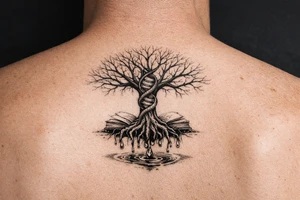 tree of life with a dna spiral for the trunk, bare branches spreading out at different lengths, and roots sprouting through open books, with water dripping from the roots into a puddle tattoo idea