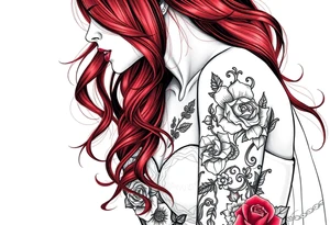 Woman with long red hair and red lipstick with lots of tattoos in her wedding dress tattoo idea