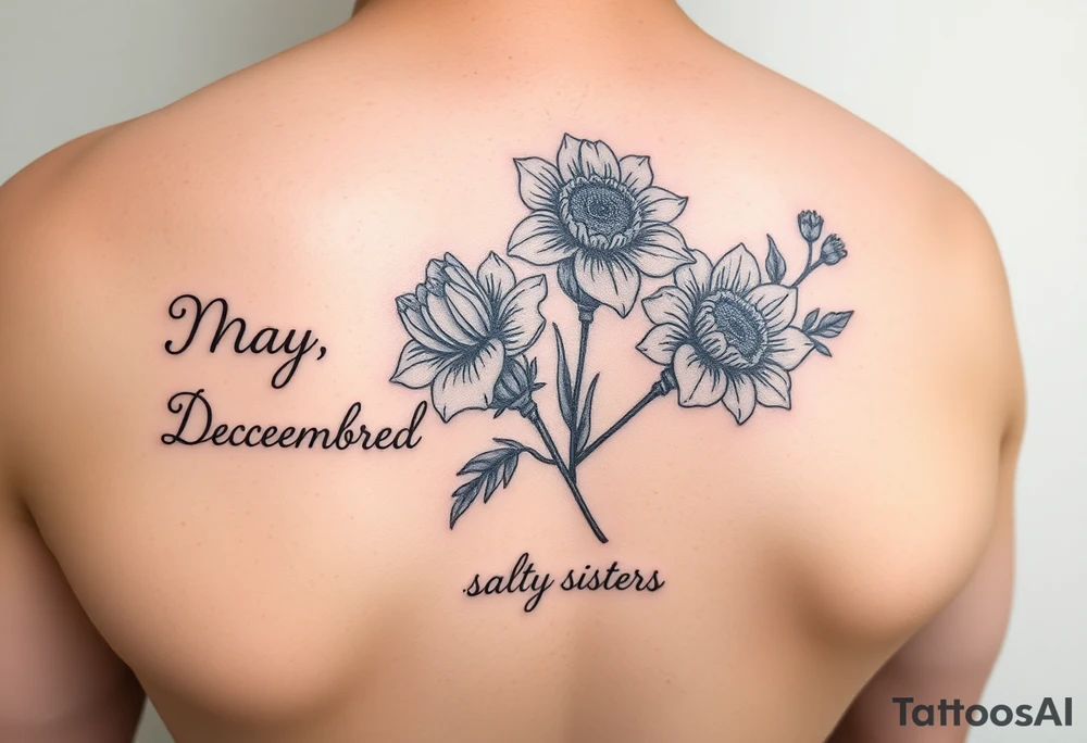 Smaller tattoo with May and December birth month flowers and the saying Gods Redeemed Obedient Salty Sisters aligned to the left tattoo idea