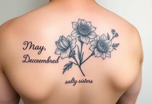 Smaller tattoo with May and December birth month flowers and the saying Gods Redeemed Obedient Salty Sisters aligned to the left tattoo idea