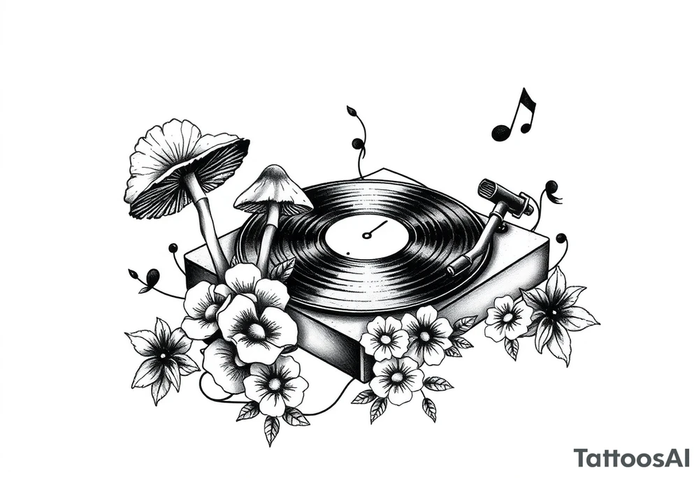simple vinyl record player with mushrooms, flowers, and music notes around it tattoo idea