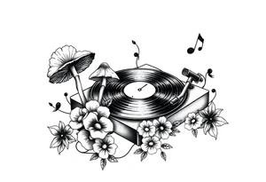 simple vinyl record player with mushrooms, flowers, and music notes around it tattoo idea