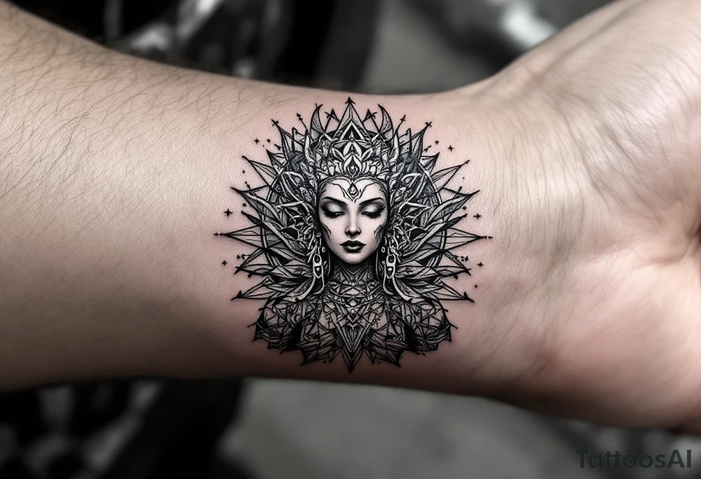 dmt enlightenment deity with sacred geometry behind tattoo idea