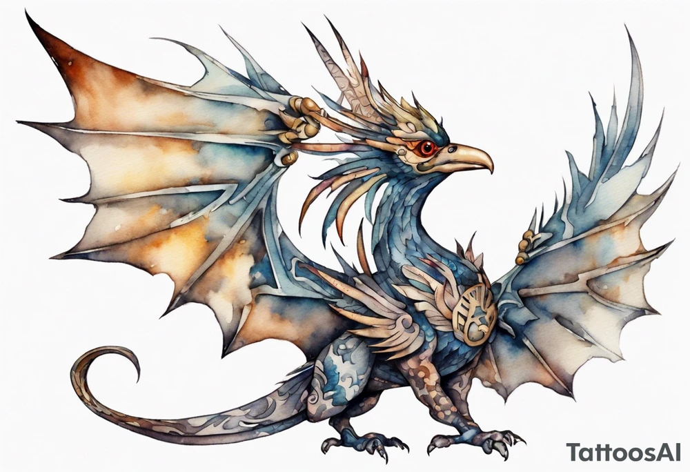 a watercolor of a bird-wyvern hybrid wearing an iron crown, flying tattoo idea